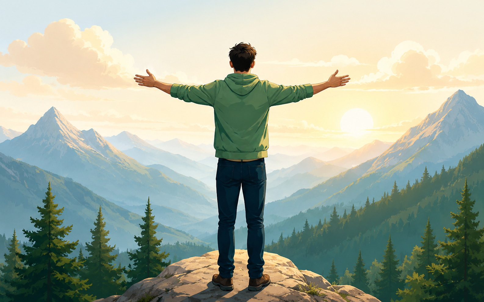 A person standing on a mountain ridge at sunrise with arms outstretched, looking out over a forested valley
